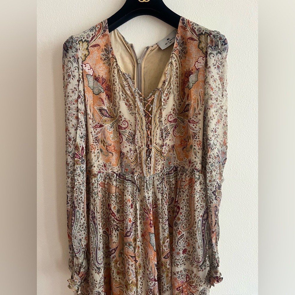 New Etro Milano Multicolor Paisley Print Chiffon Lace up dress Italy Size 40 - Picture 15 of 16